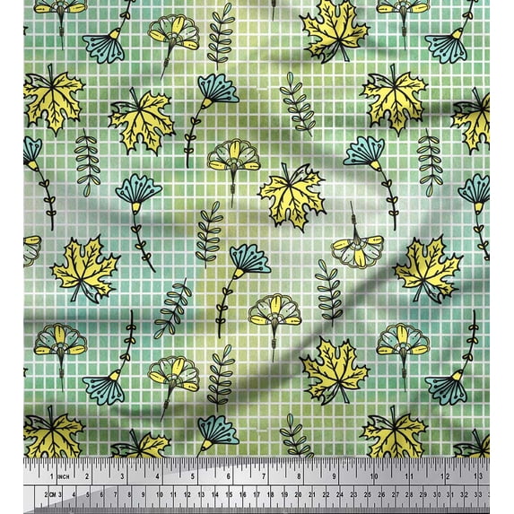 Soimoi Green Cotton Voile Fabric Maple Leaves & Artistic Floral Check Print Fabric by Yard 42 Inch Wide
