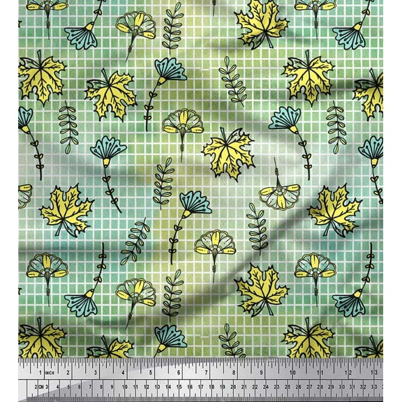 Soimoi Green Cotton Voile Fabric Maple Leaves & Artistic Floral Check Print Fabric by Yard 42 Inch Wide
