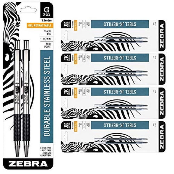 Zebra Pen G-301 Stainless Steel Retractable Gel Pen, Medium Point, 0.7mm, Black Ink, 2-Count Bundle with 8 Pen Refills, 0.7mm