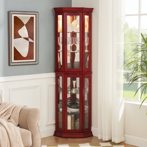 Jopath Display Cabinet with Glass Doors, Glass Corner Cabinet With Light, Wine Cabinet with Adjustable Glass Shelves for Living Room Cherry(Bulb Included)