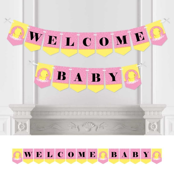 Big Dot of Happiness Pink Ducky Duck - Girl Baby Shower Bunting Banner - Pink Party Decorations - Welcome Baby