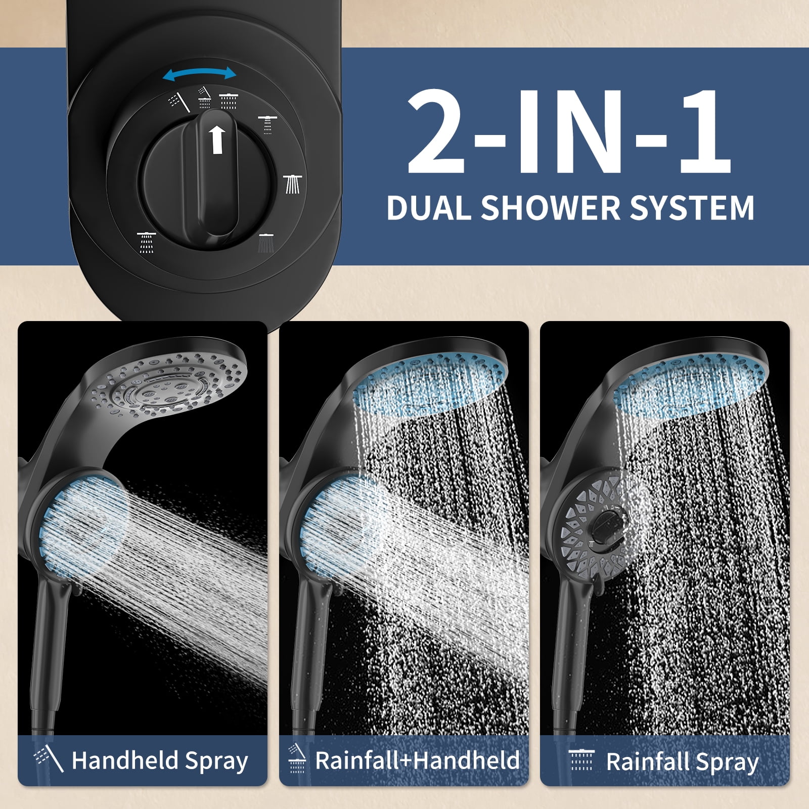 KAIYING Magnetic Dual Shower Head, 2-in-1 Rain and Handheld Spray Combo with 71 Inch Hose, Mate Black