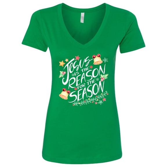 Inktastic Jesus is the Reason for the Season Christmas Bells and Stars Women's V-Neck T-Shirt