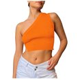 thumbnail image 2 of Wycnly Summer Tank Tops Plain Slash Neck Sleeveless T Shirts for Women Ladies Solid One Shoulder Knitted Ribbed Cropped Tops Vest Orange xs Clearance Under $5, 2 of 6