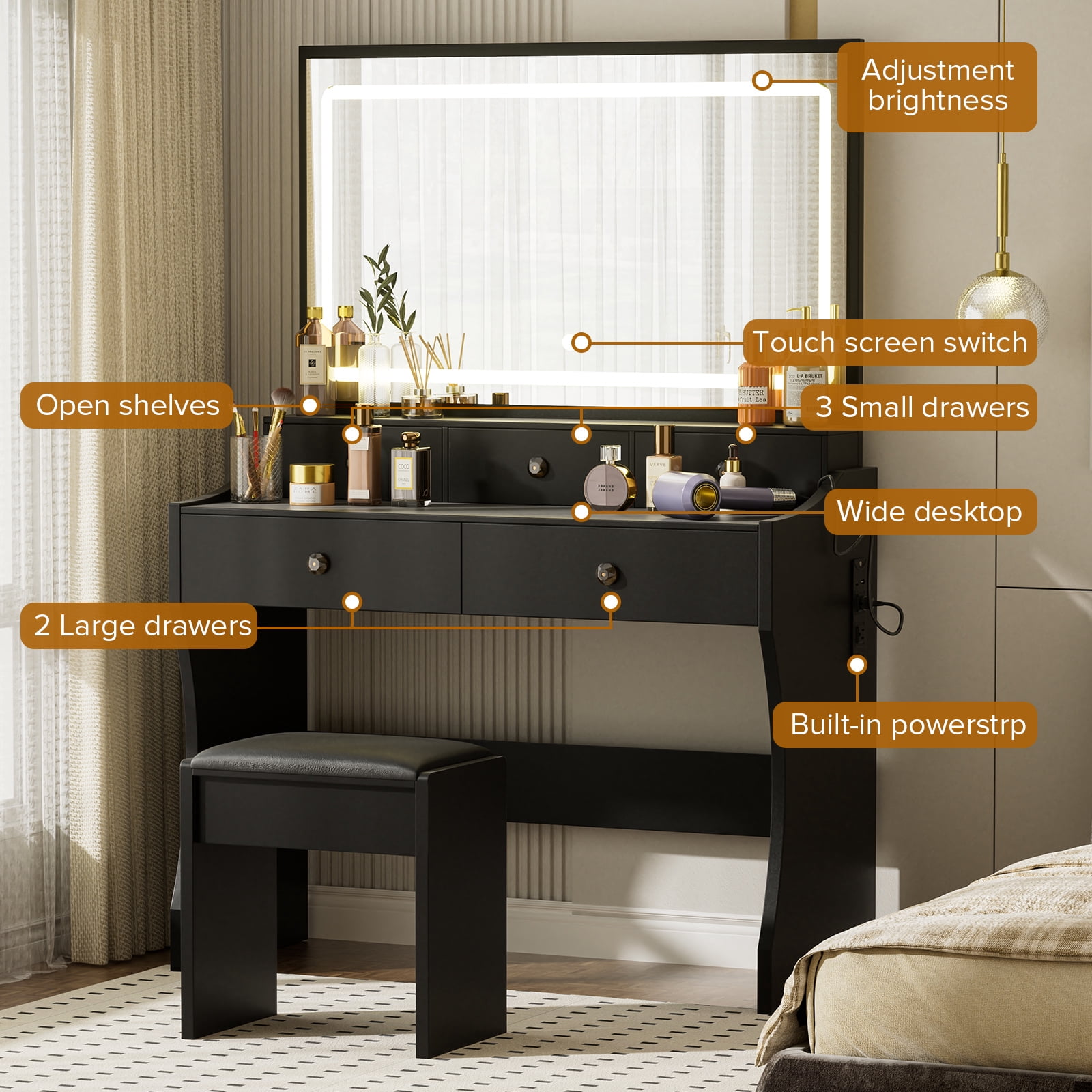 LUCKLIFE Black Vanity Desk with Mirror and Lights, 5 Drawers & Charging Station, Vanity Table and Chair Set