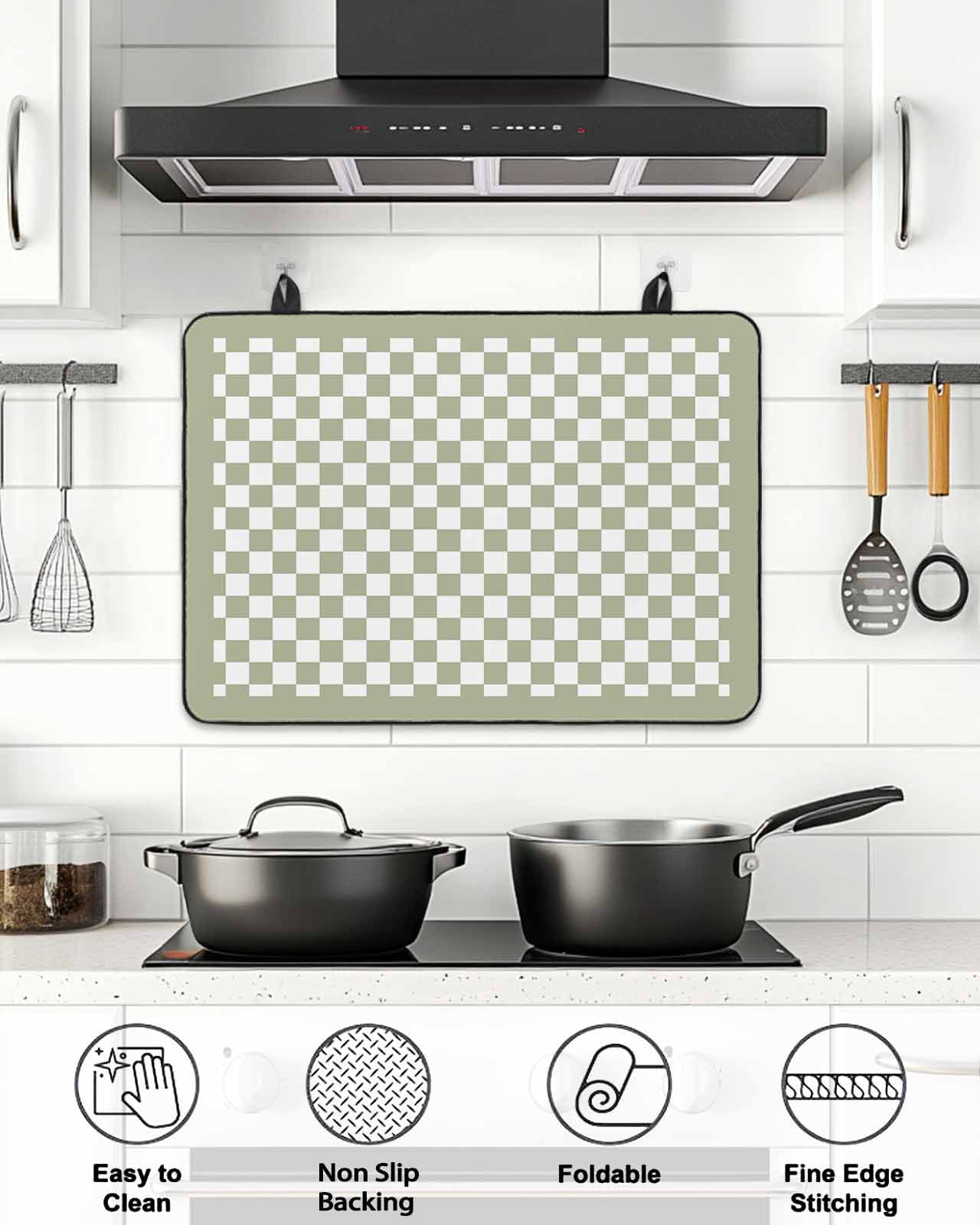 Stove Top Covers for Electric Stove, Sage Green Plaid Glass Stovetop Cover Protector, Farmhouse Green White Checkered Lace Induction Cooktop Protector Oven Mat for Kitchen Countertop 28.5"x20.5"