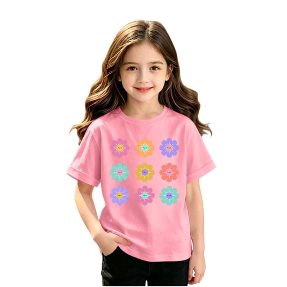 Mooqilaa Girls Cotton T-shirts Size 7-8, Short Sleeve Fashion Crew Neck Kids Summer Tops Graphic Tees Pink