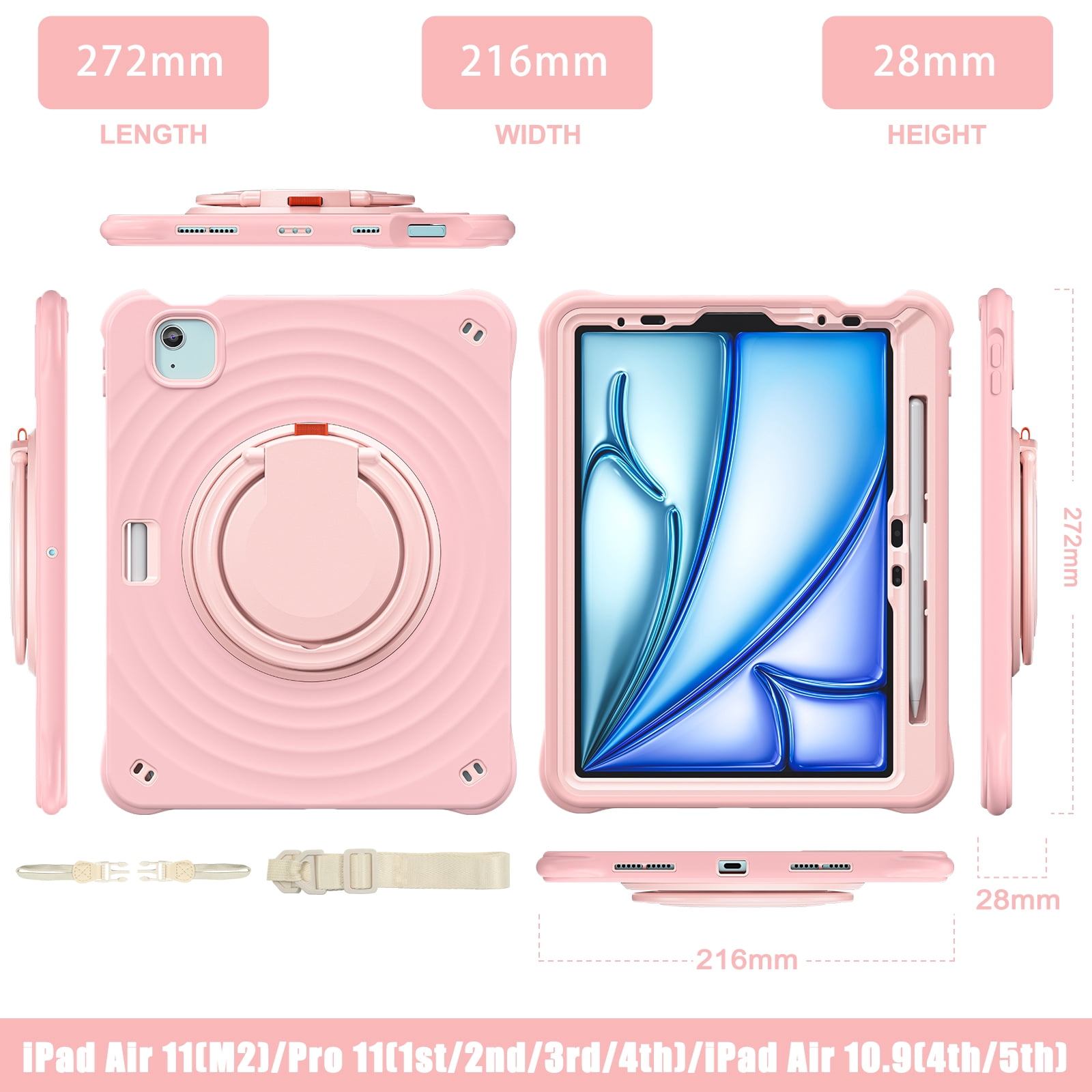 ELEHOLD Case for Apple iPad Air 11 (2024), Portable Hybrid Shockproof iPad Case with Pencil Holder & Hanging Ring Handle Rotatable Kickstand,Pink