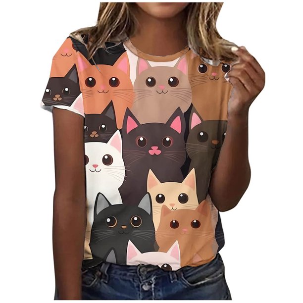 Camisetas Casuales de las Mujeres Estampadas Cuello Tripulado Manga Corta Superior, Ligera Mezcla de Poliéster Blusa de Moda