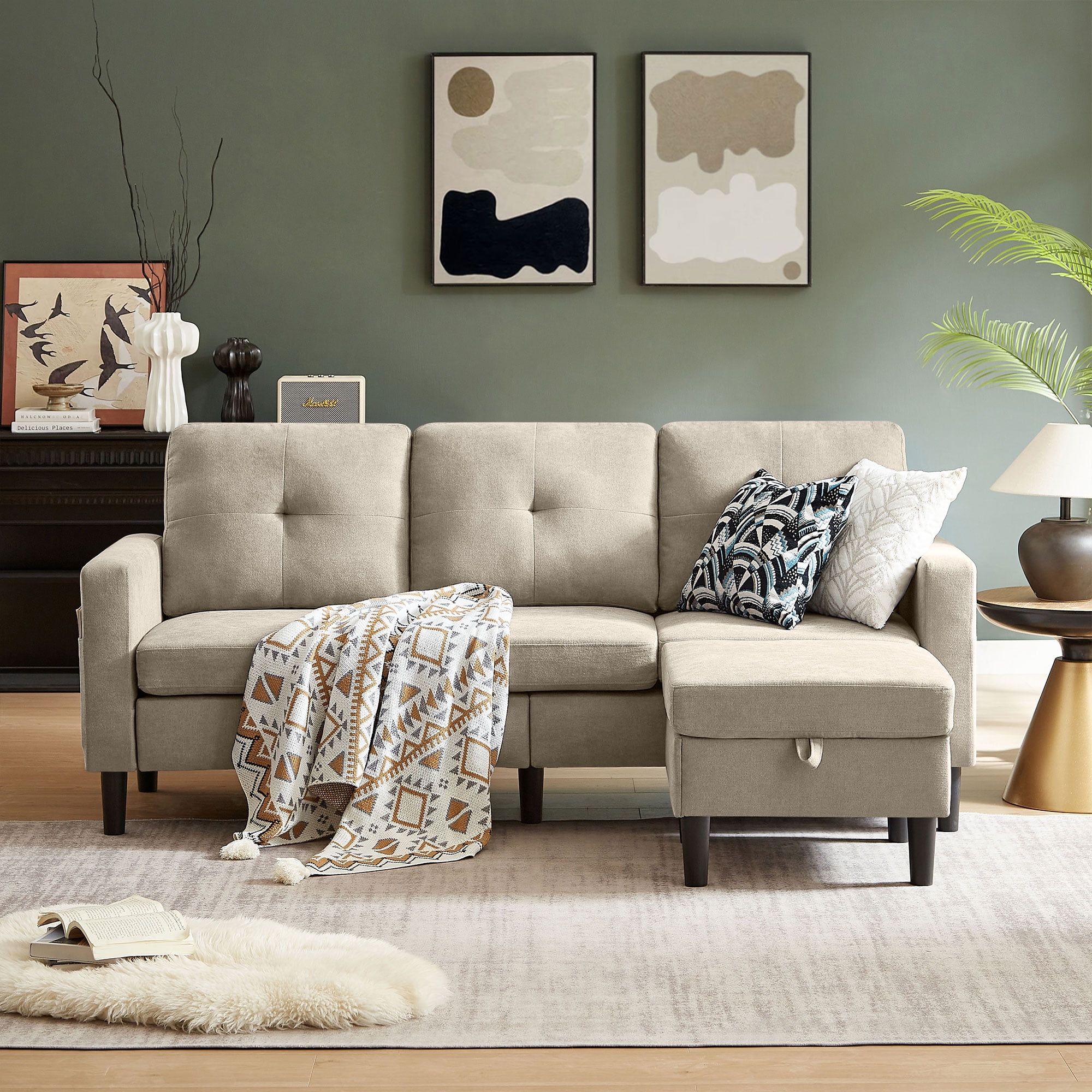 Pingliang Home Sectional Sofa with Storage Ottoman, Modern Couch with Footstool and Side Pockets,3 Seat L Shaped Couches for Living Room Apartment Office Studio