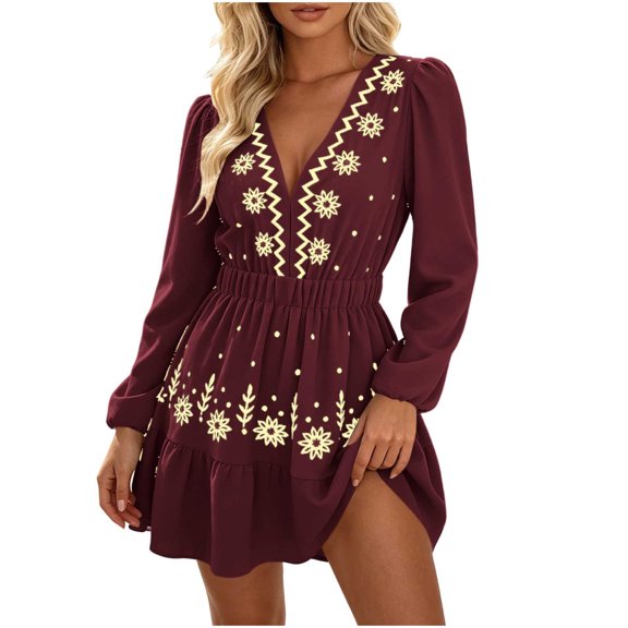 Levmjia Women's Floral Print Dress Deep V Neck Long Sleeve Boho Dress Casual Elastic Waist Tiered Ruffle Mini Dress
