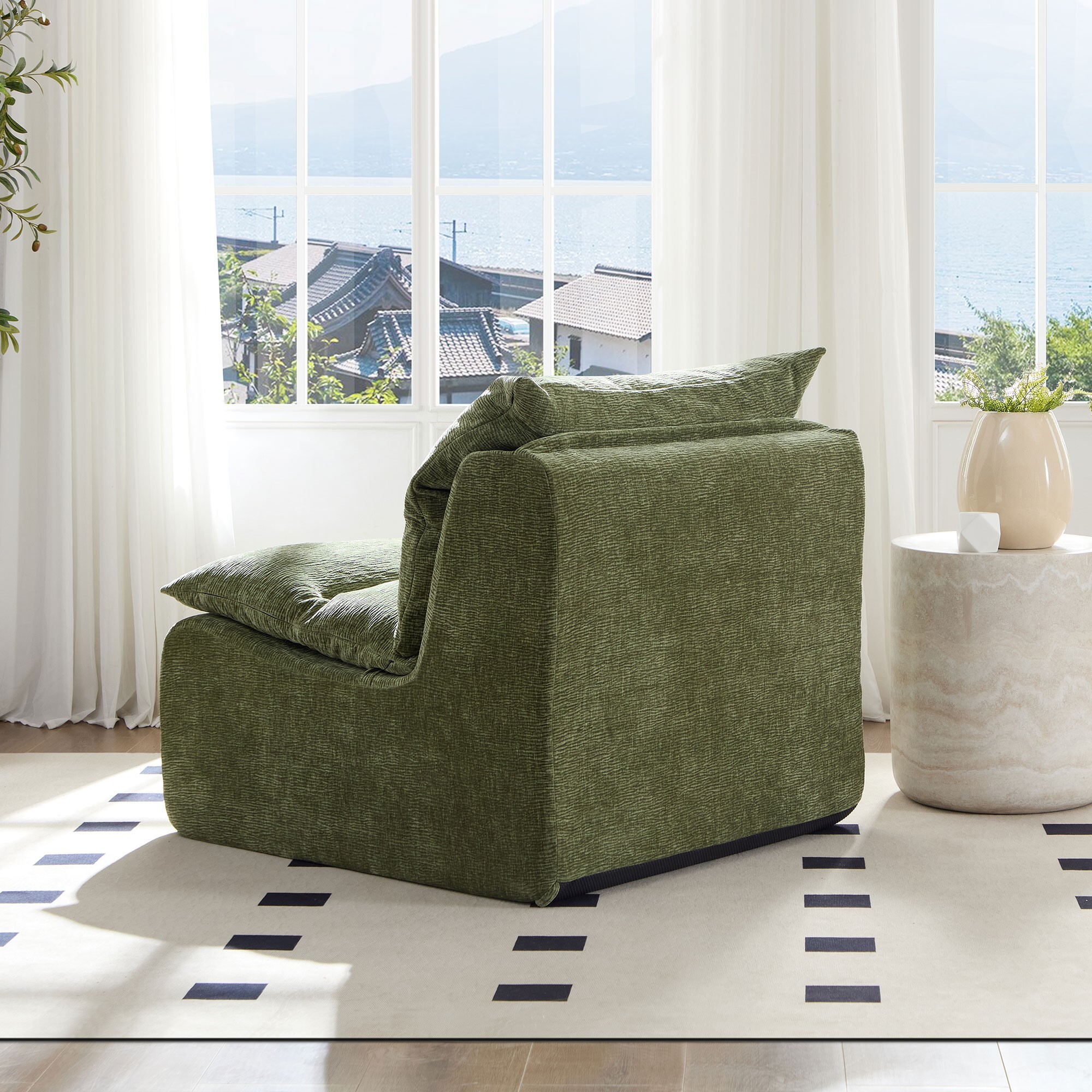 AENKYO Modern Accent Lounge Chair, Comfy Armless Foam Lazy Sofa with Washable Cover, Living Room & Bedroom, Green