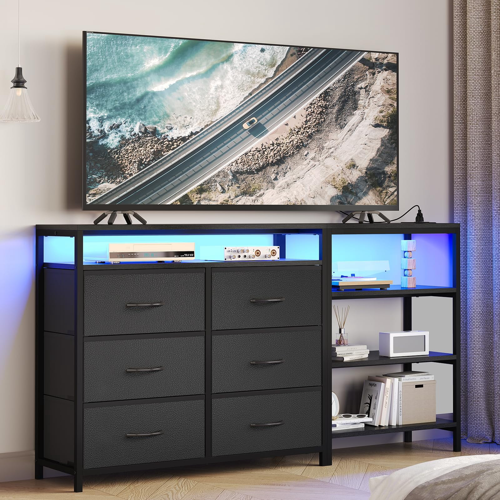 Afuhokles 6 Drawer Dressers for Bedroom with Charging Station and LED Light, 6 PU Drawers, 3 Open Shelves, Black