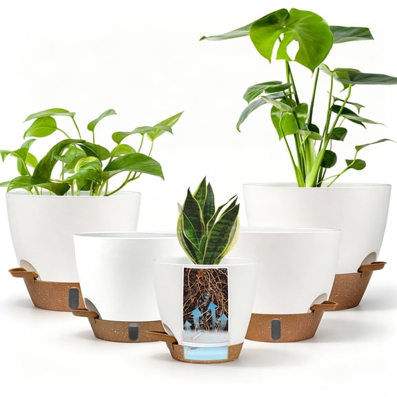 FIASON 5 Pack Plastic 6/8/9/10/12 Inch White with Brown Self Watering Plant Pots,Include Watering Lip,Drainage Holes & Removable Saucer for Indoor Outdoor Use