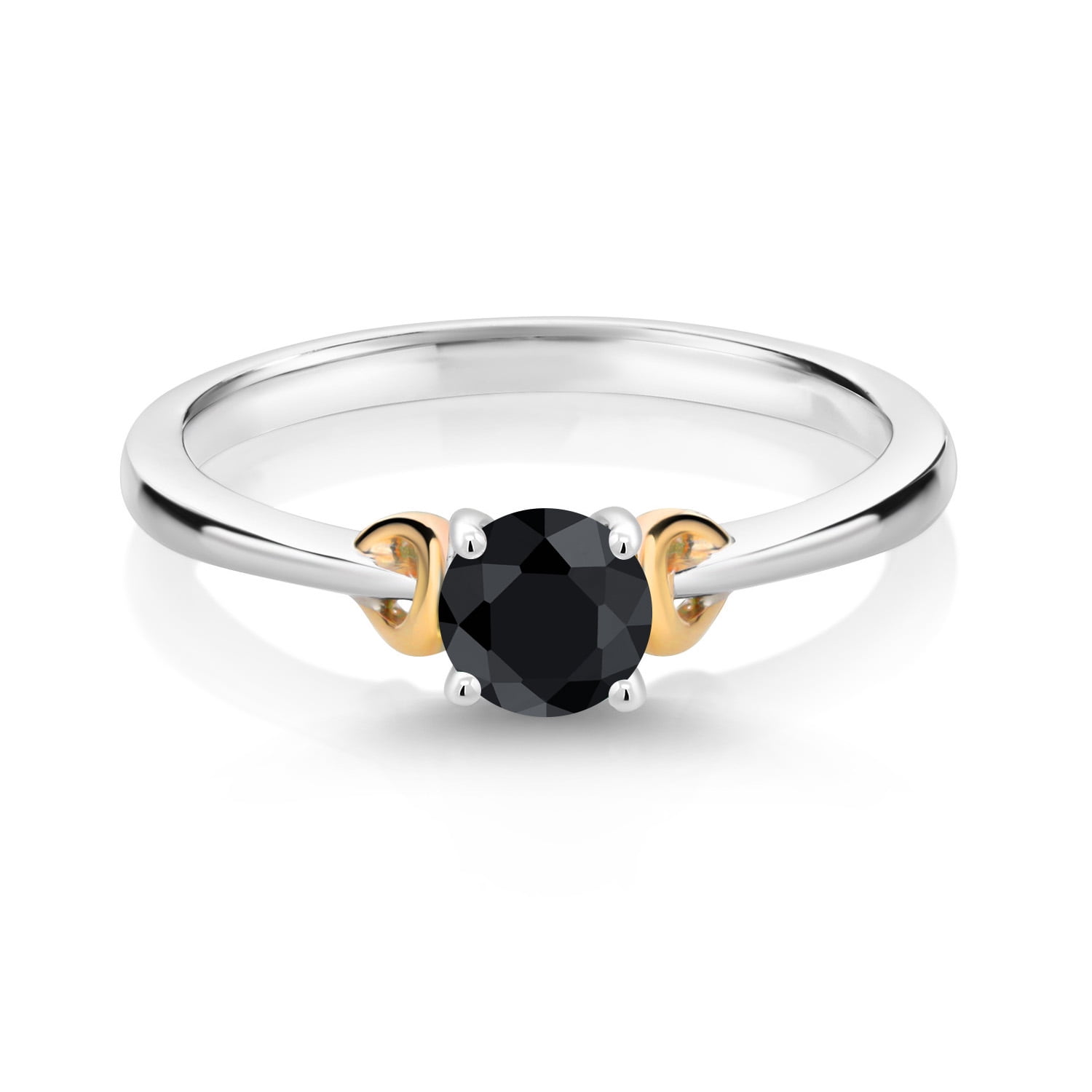 Gem Stone King 925 Sterling Silver and 10K Yellow Gold Black Sapphire Solitaire Engagement Ring for Women (0.69 Cttw, Round 5MM, Gemstone September Birthstone, Size 5)