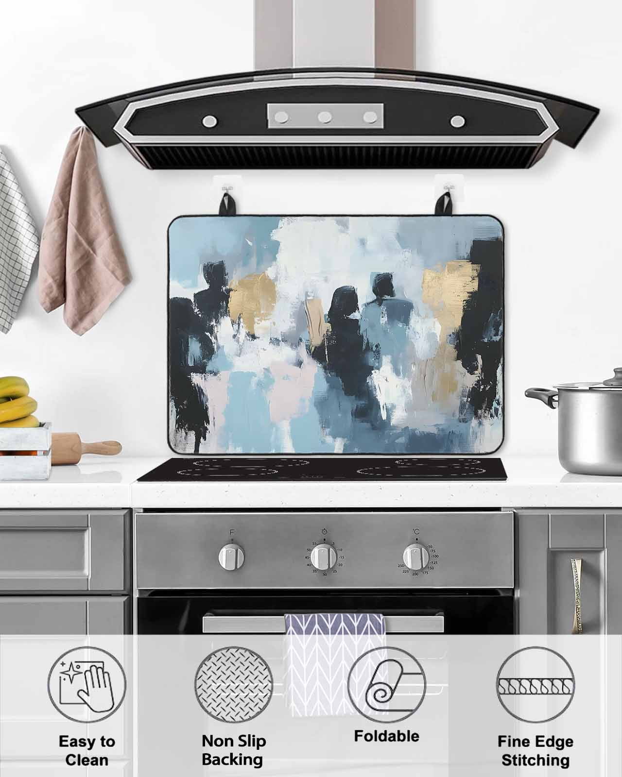 nqOlkjepod Large Induction Cooktop Protector Mat 24"x21", Abstract Black Gold Stove Top Covers for Electric Stove, Vintage Blue Pink Oil Painting Art Stove Burner Cover Mats, Glass Top Stove Cover