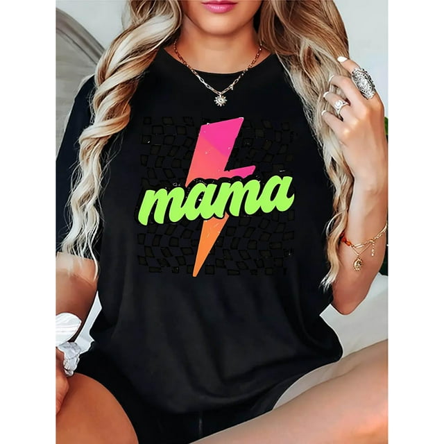 Women's Trendy Gradient Lightning Graphic Tee - Casual Crew Neck Short Sleeve, Stretchy Polyester Blend, Machine Washable - Perfect for SummerFather's Day, Mother's Day, New Year, Spring Festival, V