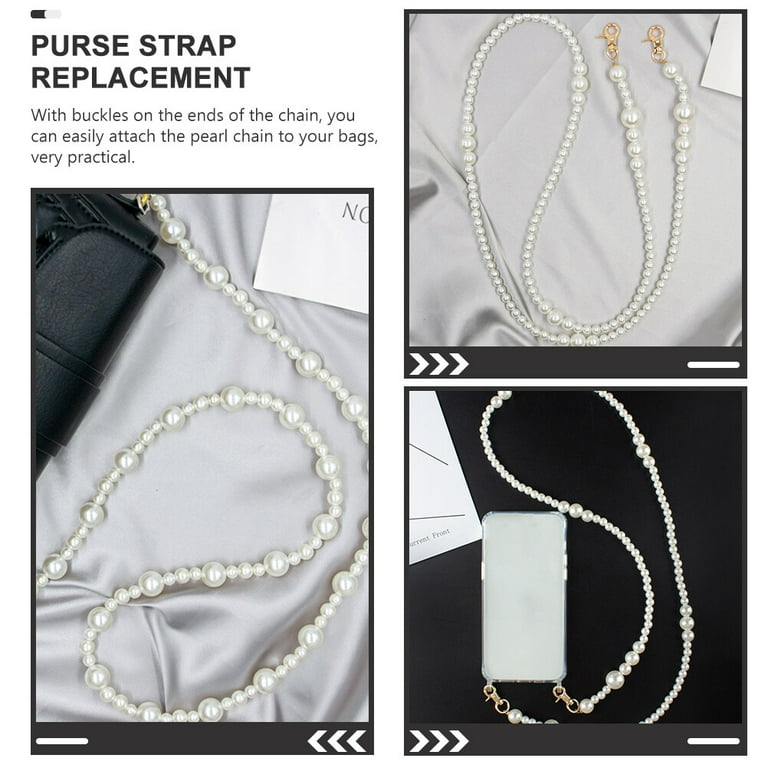  Classycoo Pearl Purse Chain, pearl purse strap Short Handle  Replacement Bag Chain Strap Shoulder Chain Imitation Pearl Handbag Chain  Accessories for Bags Decoration Chain with Metal Buckle(32cm)silver