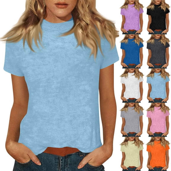 Mifsaly Womens Mock Neck Short Sleeve T-Shirt Basic Solid Color Slim Fit Stretchy Tee Tops Casual Lightweight Layering Casual Summer Undershirts Light Blue,M