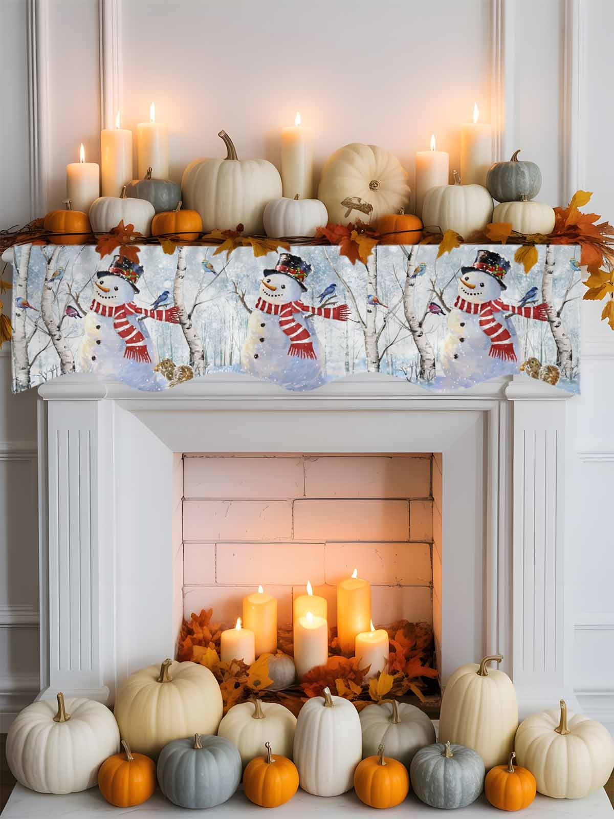 Christmas Snowman Fireplace Mantle Scarf Winter Forster Squirrels Xmas Bird Snowfall Mantel Cover Runner Fireplace Cloth for Holiday Party Home Living Room Decor 70 x 17 Inch