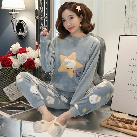 

Ladies Pyjama Women Winter Flannel Pajama Set Fleece Pajamas Sleepwear Thick Warm Velvet Female Homewear Suit Cute Sweet Pijama