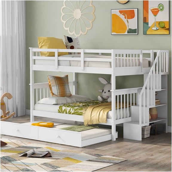 JERFIT White Full Over Full Bunk Bed with Stairs, Twin Trundle, Storage Drawers & Guard Rail, Solid Wood Frame