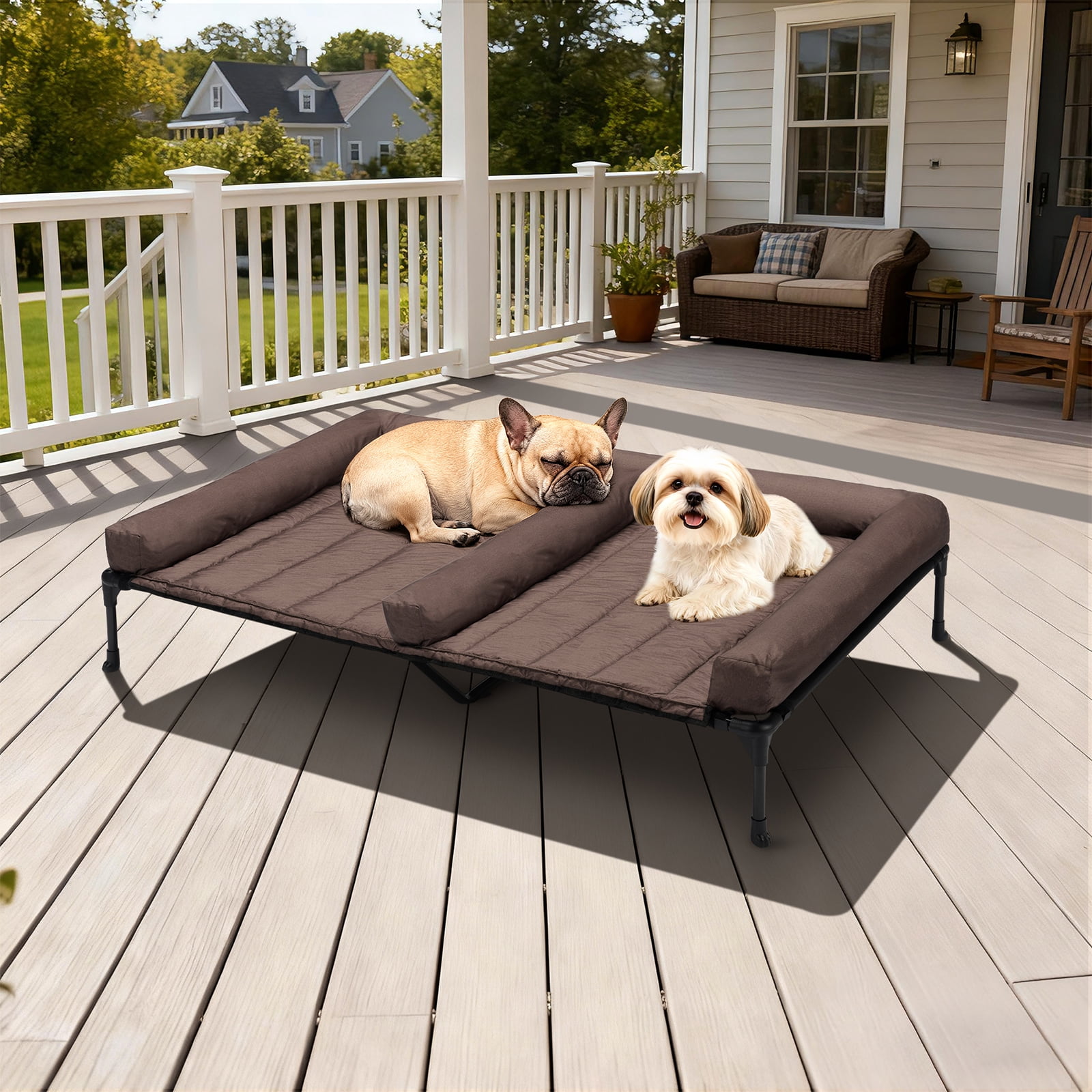 Veehoo Cooling Raised Dog Bed + Removable Double Dog Bed Cushion for Two Medium Dogs, Elevated Dog Bed with Waterproof Bolster Mat, Breathable Mesh, No-Slip Feet, Dog Couch Bed, Brown CWC2331D
