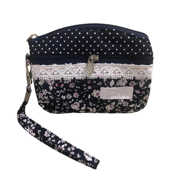 SUYOLL Black with Polka Dot Lace Trim Purse Fresh Garden Double Zipper Small Purse Cute Mini Pouch Portable Zipper Wallet For Girls Lightweight Cosmetic Bag Daily Use