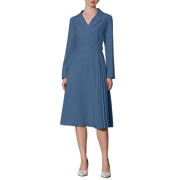 Vestido midi plisado de mujer con solapa de pico, cuello envolvente, manga larga y corte A en azul