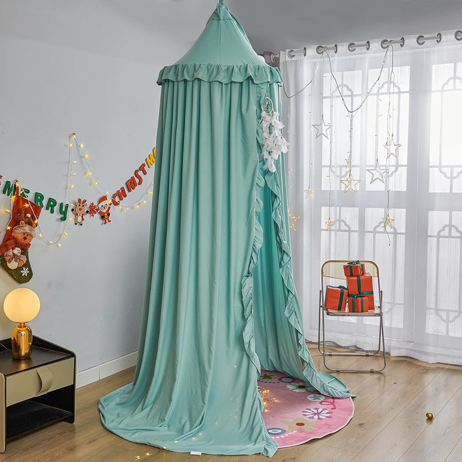 Bed Canopy for Girls,Princess Round Dome Dreamy Mosquito Net Bedding Girls Room Castle Play Tent Hanging House Decor Reading Nook Canopies (Green)