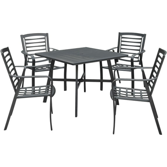 Hanover Pemberton 5-Piece Commercial-Grade Patio Dining Set with 4 Stackable Dining Chairs and a 38" Square Slat-Top Table