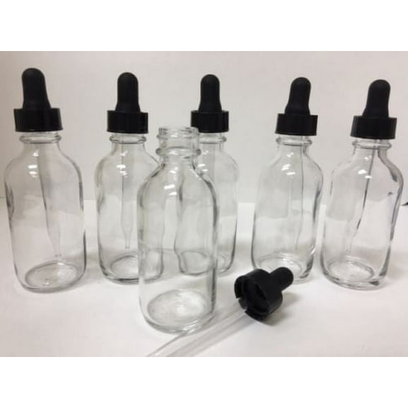 2oz Clear Boston Glass Bottles with Glass Eye Dropper 60 ML (Lot of 24)