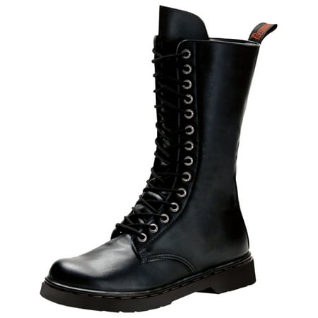 Leather Lace Up Combat Boots - Mens Lace Up Black Boots Mid Calf Vegan Leather Shoes Combat Zipper 1 Inch Heel