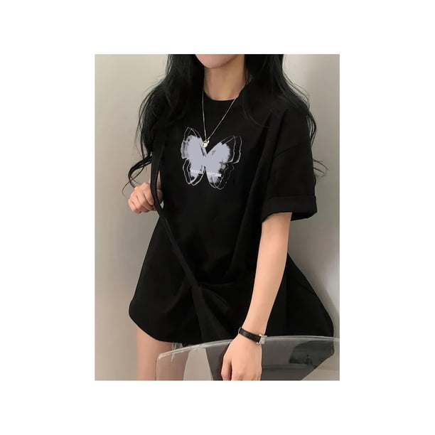 Women's elegant Butterfly Print Mid-Length Loose Fit T-Shirt - Casual Summer Short Sleeve Crew Neck Top, Black Knit Fabric, Lightweight & Stylish for Casual attire, Relaxed Fit Tee | elegant Casu