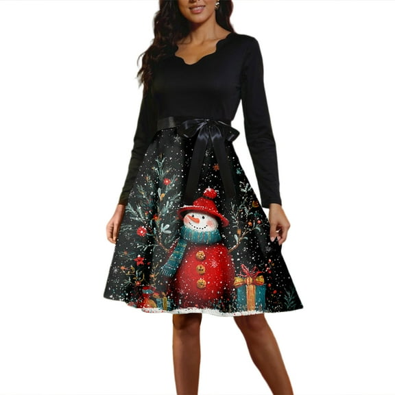 Women's Fashion Round Casual Slim Fit Christmas Print Large Swing Long Sleeve Dress, V-Neck, Holiday Print, Retro Style, Party Wear, Flare Hem,Black,2XL