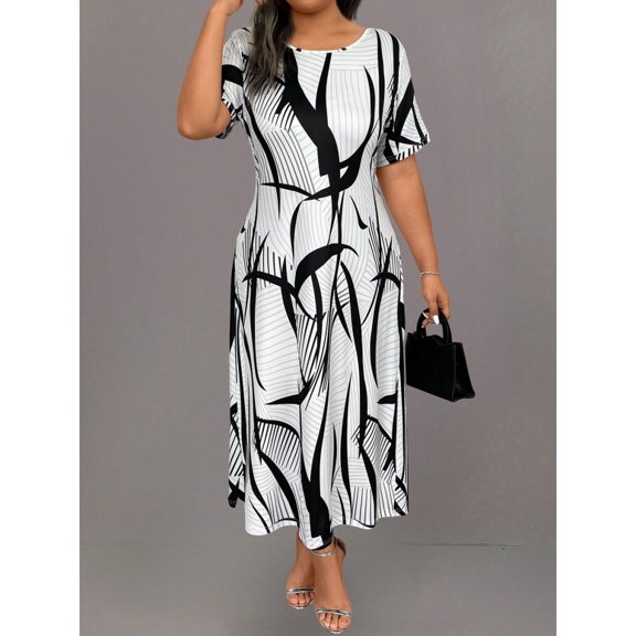 Black And White Plus Size Round Neck Short Sleeve All-Over Abstract Print Midi Casual Dress For Women Summer