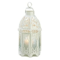 Set of 2 White Moroccan Style Lanterns with 2 White Led Tea Lights with Timer