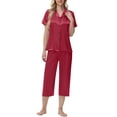 thumbnail image 3 of Gfyviroh Womens 2 Piece Pajamas Sets Solid Silk Satin Loungewear Outfits Button Turn-down Collar Short Sleeve Tops and Capri Pants Sets, 3 of 9