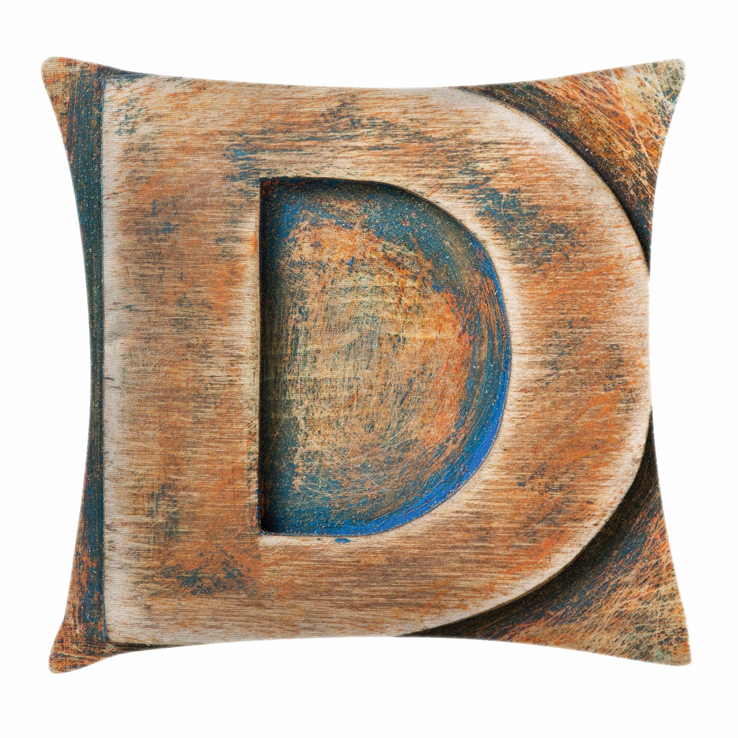 Letter D Throw Pillow Cushion Cover, Scratched Wooden Timber Typography
