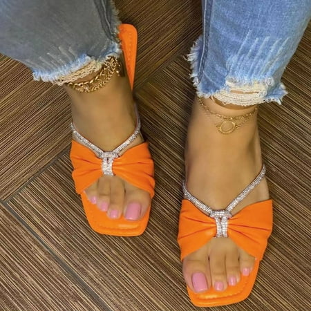 

Aayomet Summer Slippers for Women Ladies Fashion Solid Color Leather Rhinestone Butterfly Knot Open Toe Flat Slippers Orange 8
