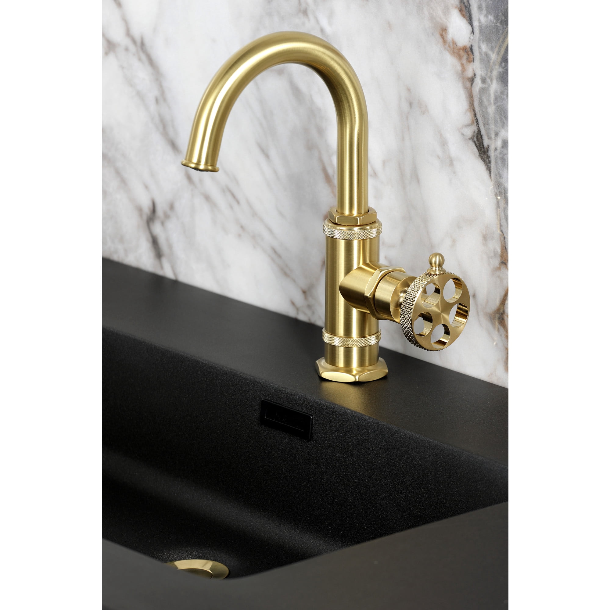 Kingston Brass KSD2217RKX Webb One-Handle 1-Hole Bathroom Faucet with Knurled Handle, Deck Plate, and Push Pop-Up Drain in Brushed Brass