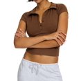 thumbnail image 2 of Gynyvoja Women Casual Shirts Deep V Neck Cap Sleeve Tops Collared Summer Tee Brown S, 2 of 8