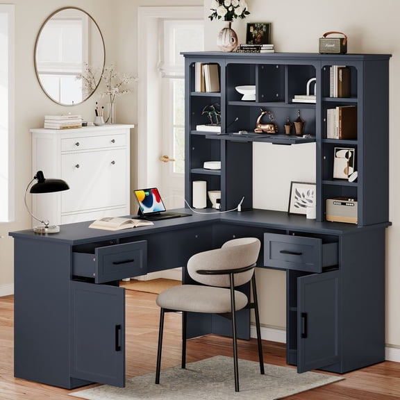 TIMOREN L-Shaped Desk, Computer Desk with Power Outlet, 2 Cabinets and 2 Drawers, 11 Open Shelves and Flip Storage for Study, Living Room or Office, Blue
