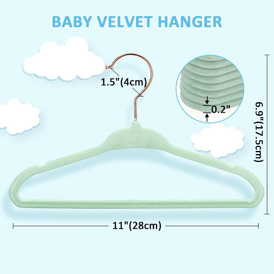 Tonswachic Baby Velvet Hangers 30 Pack - 11 Inch Premium Felt Non Slip Kids Hanger for Infant & Toddler Clothes - 0.2" Slim Space-Saving Baby Felt Hangers for Children's Closet with 10 Clips - Beige