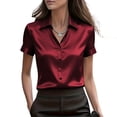 thumbnail image 3 of Liweisiy Women's Stain Silk Blouse Collared Short Sleeve Button Down Shirts Summer Dressy Bussiness Office Tops Wine L, 3 of 6