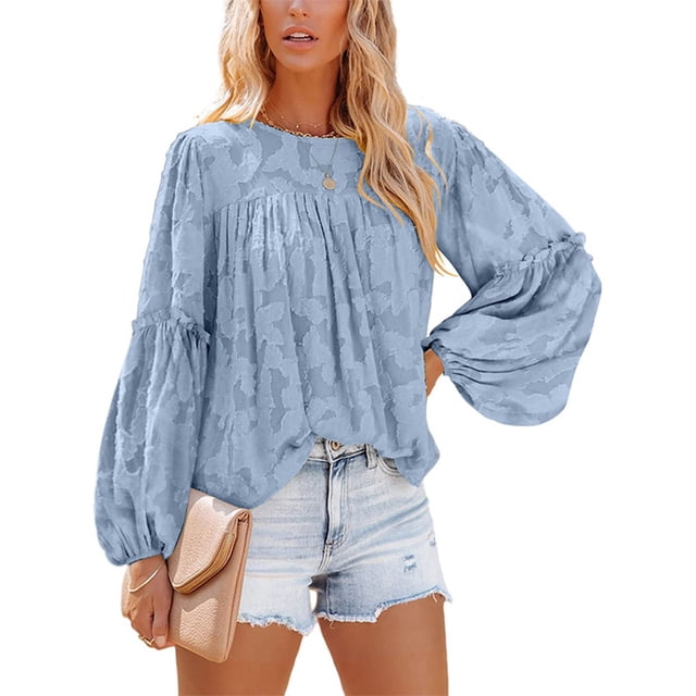 Blusa Manga Larga Cuello Redondo Estampado Floral Volantes Lindos Tops De Moda Para Dama Azul Claro XL