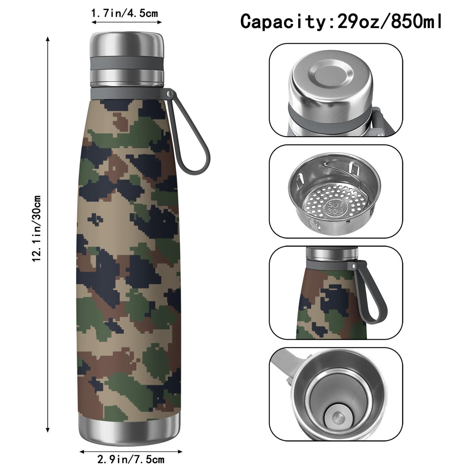 29oz Insulated Water Bottle with Tea Infuser, Stainless Steel Travel Mug, Camouflage Print