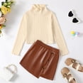 thumbnail image 2 of KIMI BEAR Little Girls Skirt Sets Fall 6 Years Girls Outfits Autumn Winter 7 Years Girls High Neck Long Sleeves Knitted Tops Leather Mini Skirt 2pcs Clothes Apricot, 2 of 9