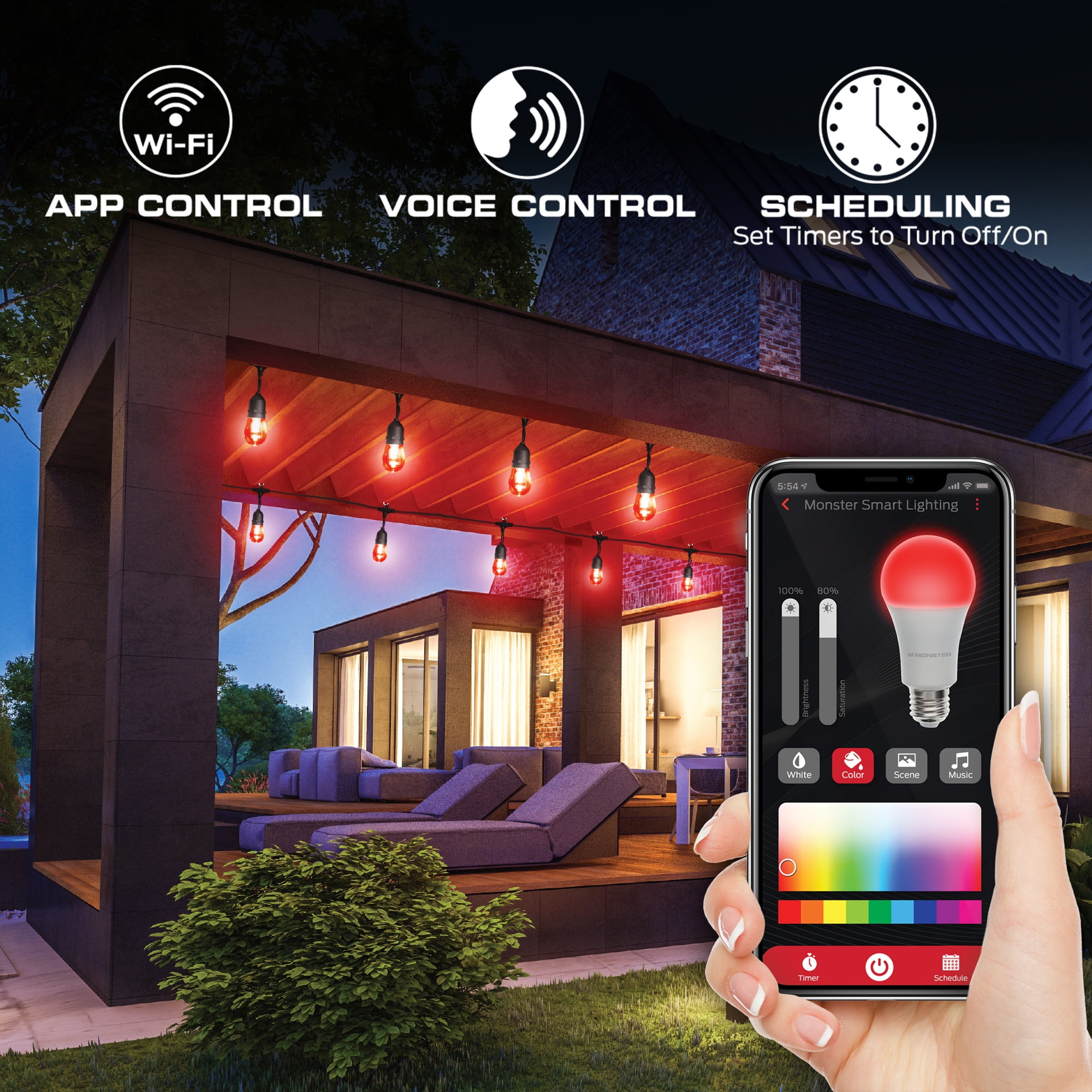 Monster Smart String Lights, Sound Reactive Outdoor String Lights w/ Voice Control, for Christmas, Halloween, Party, Gameday and More, 24ft (12 Lights)