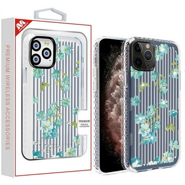 Apple iPhone 11 PRO MAX Phone Case Clear Bling Diamonds Rhinestone with Flowers Floral Printed Hybrid Rigid Back Plate TPU Cover Shockproof Protective Grip [Aqua Myositis] for iPhone 11 Pro Max